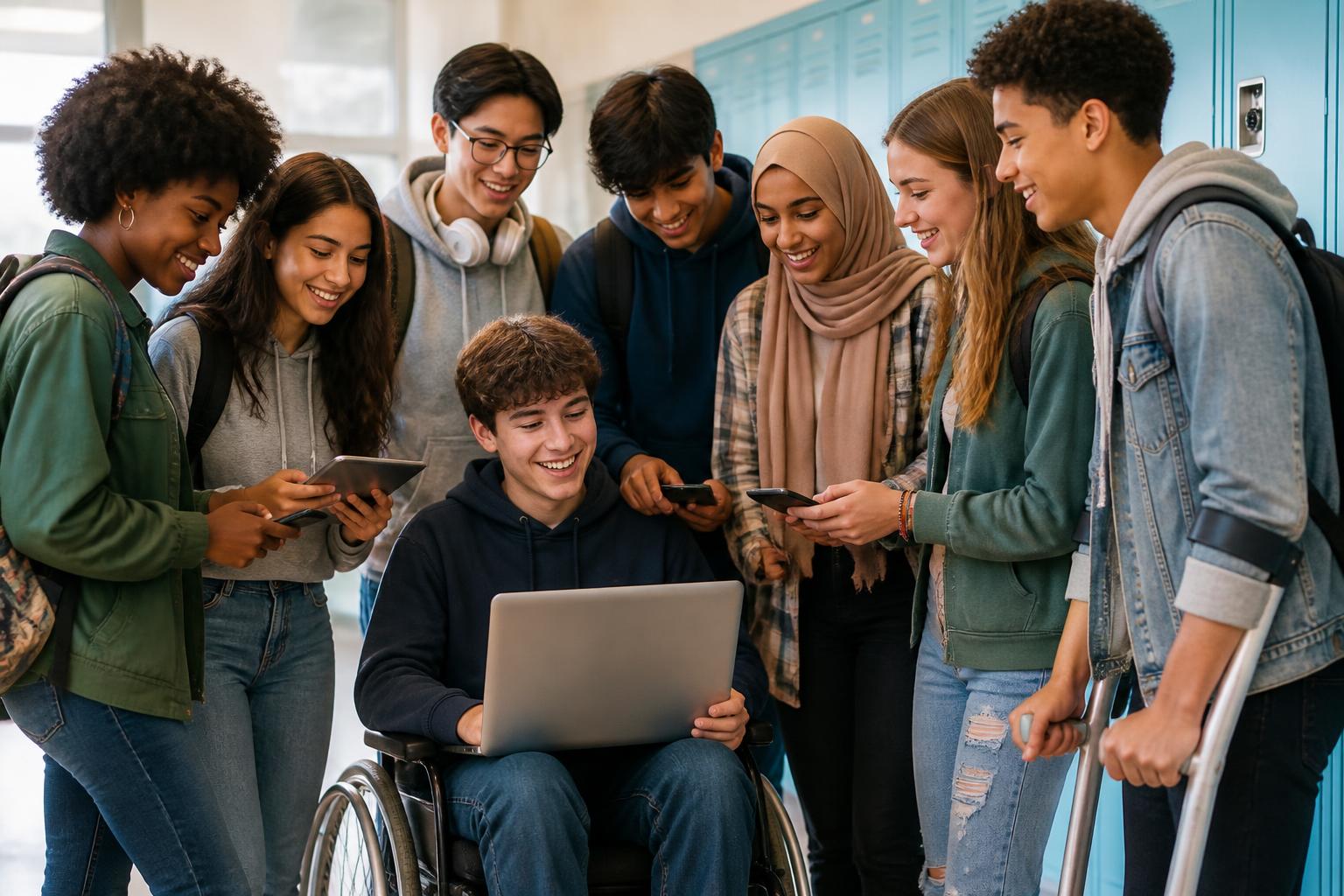 A diverse group of high school students exploring career options together in a school hallway